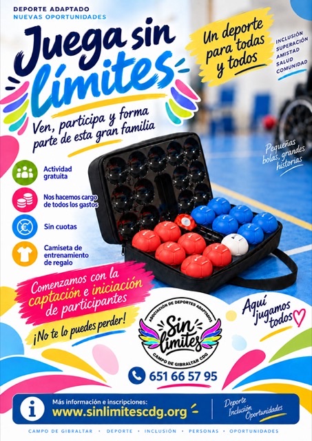 Cartel de la actividad de boccia "Juega sin límites": maletín con bolas de boccia rojas, azules y blanca sobre una pista deportiva. Actividad gratuita, sin cuotas, con los gastos cubiertos y camiseta de entrenamiento de regalo.