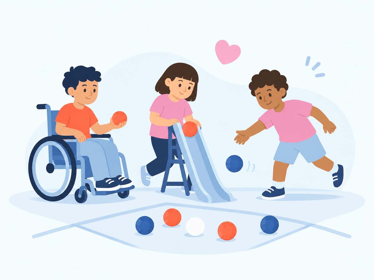 Niño o niña jugando boccia con canaleta adaptada sobre fondo claro