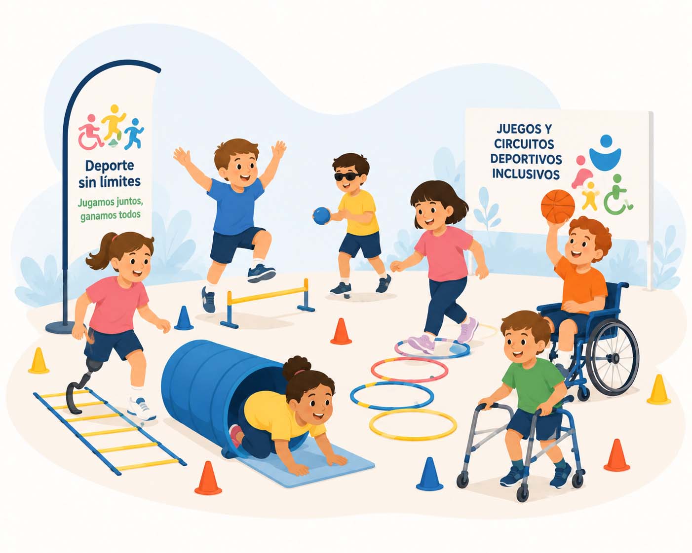 Niñas y niños participando en un circuito de juegos deportivos