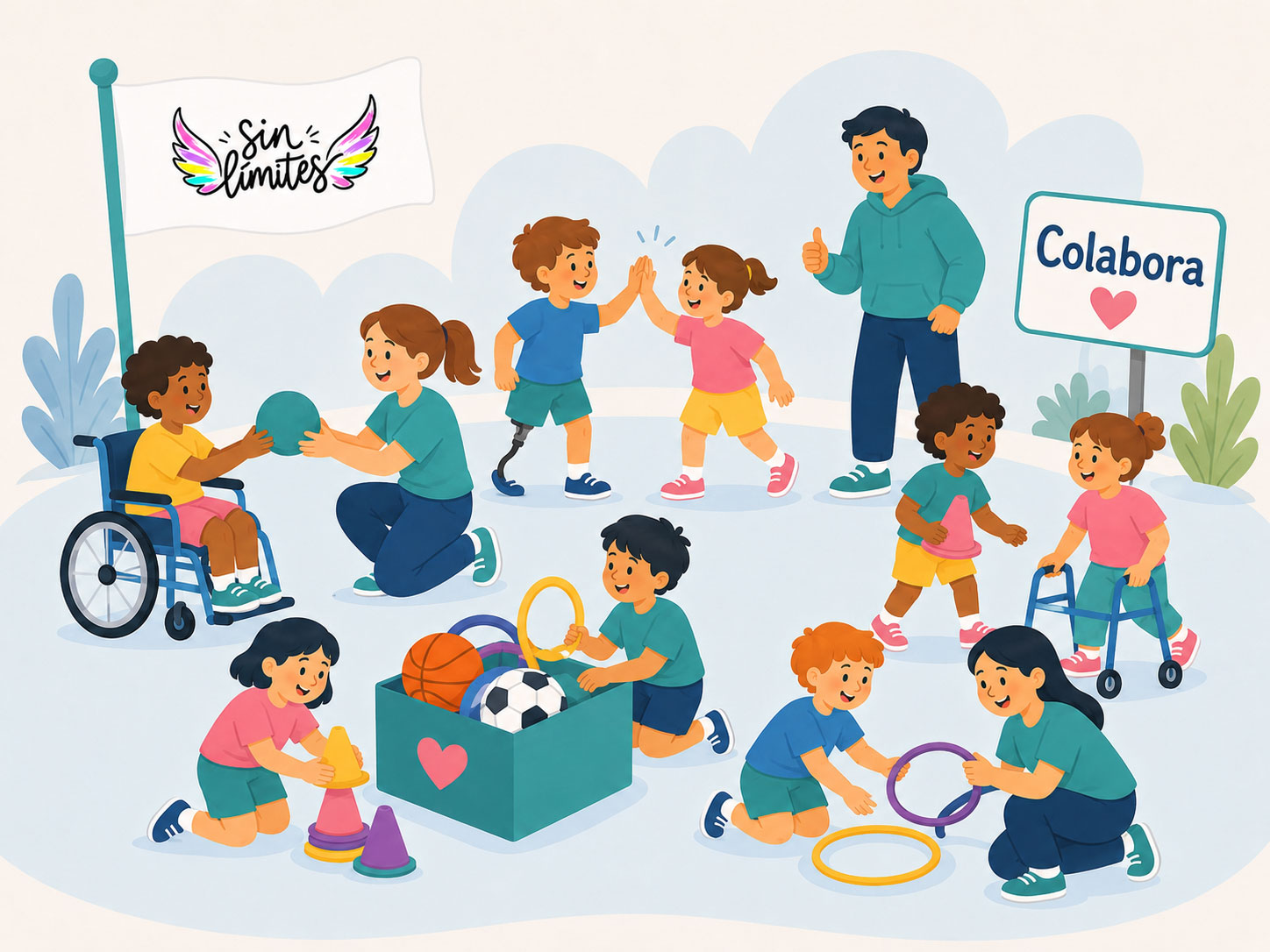 Ilustración infantil representando el voluntariado y apoyo comunitario