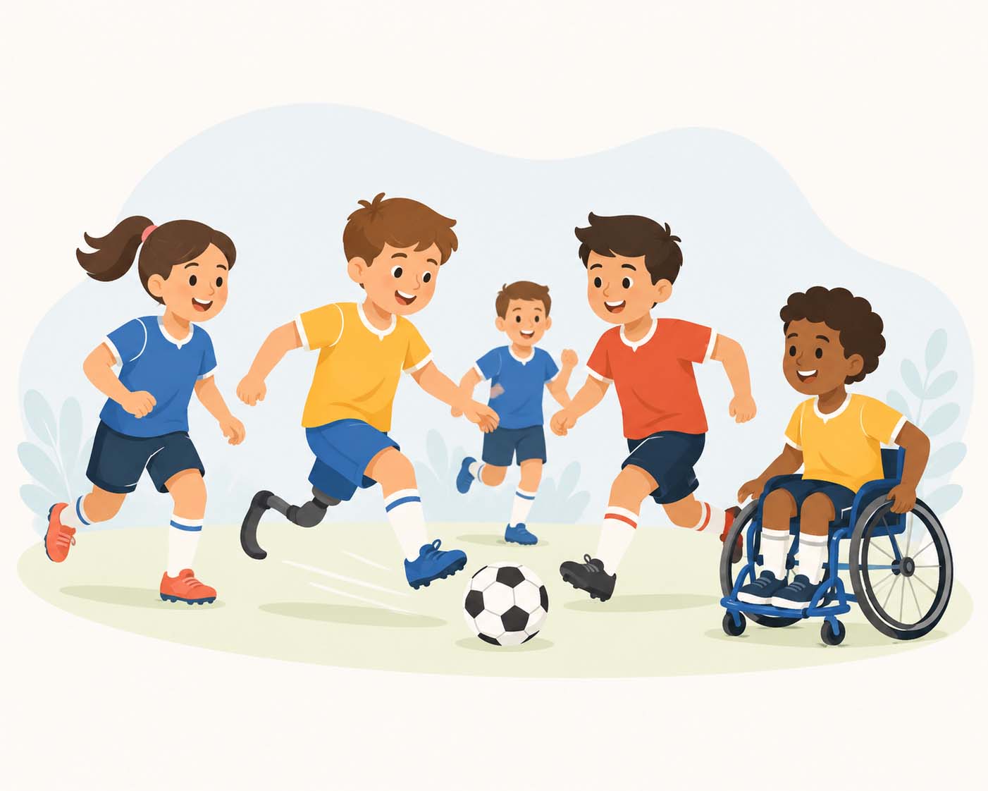Niñas y niños jugando al fútbol inclusivo juntos