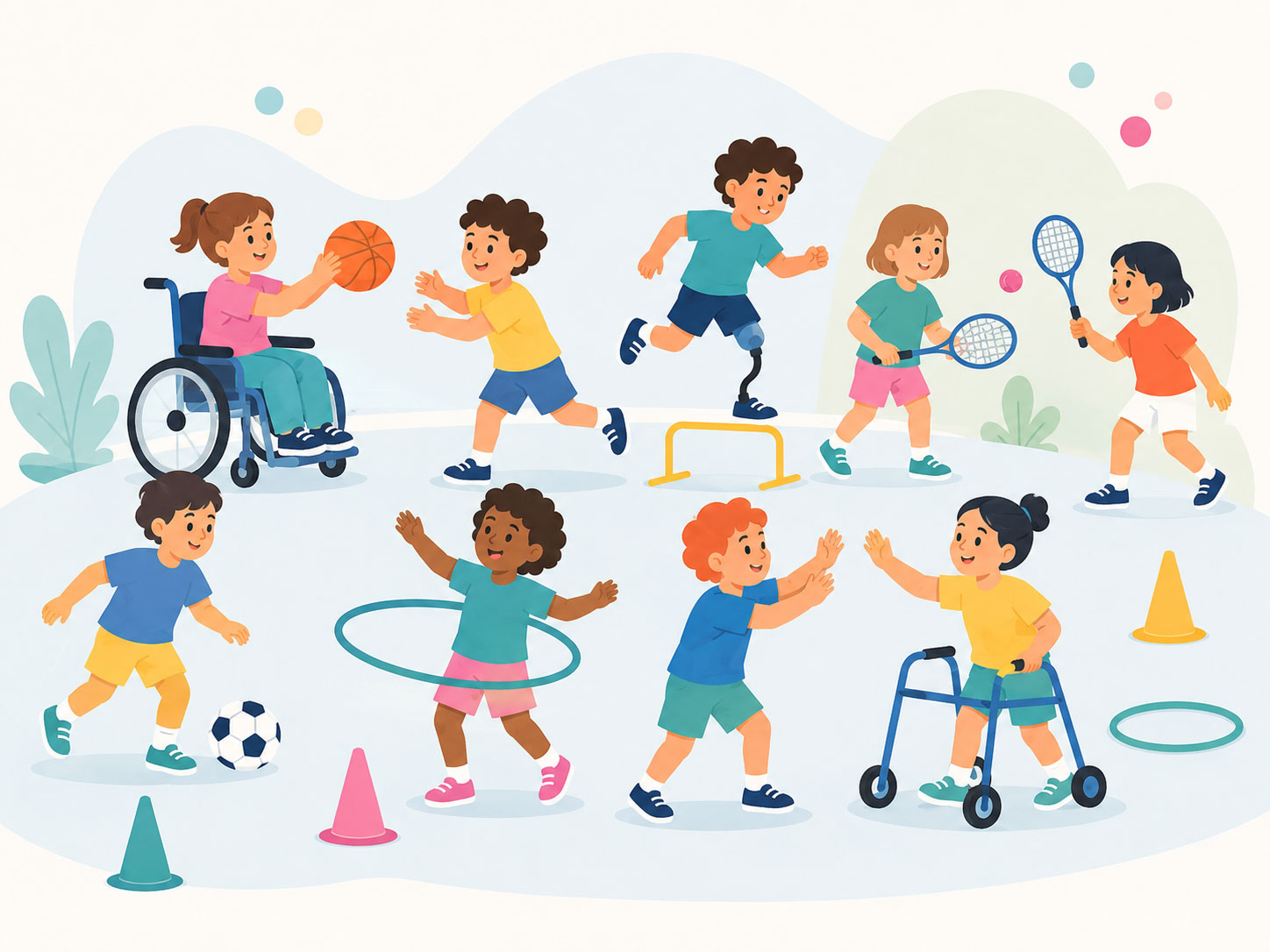 Niñas y niños con y sin discapacidad participando juntos en actividades de deporte inclusivo