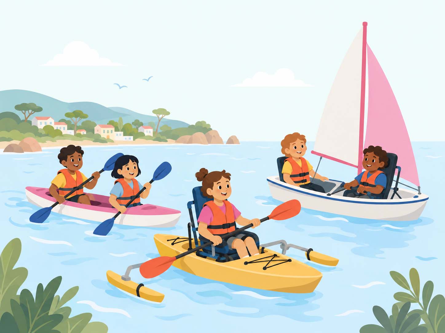 Ilustración infantil remando en kayak adaptado sobre el mar