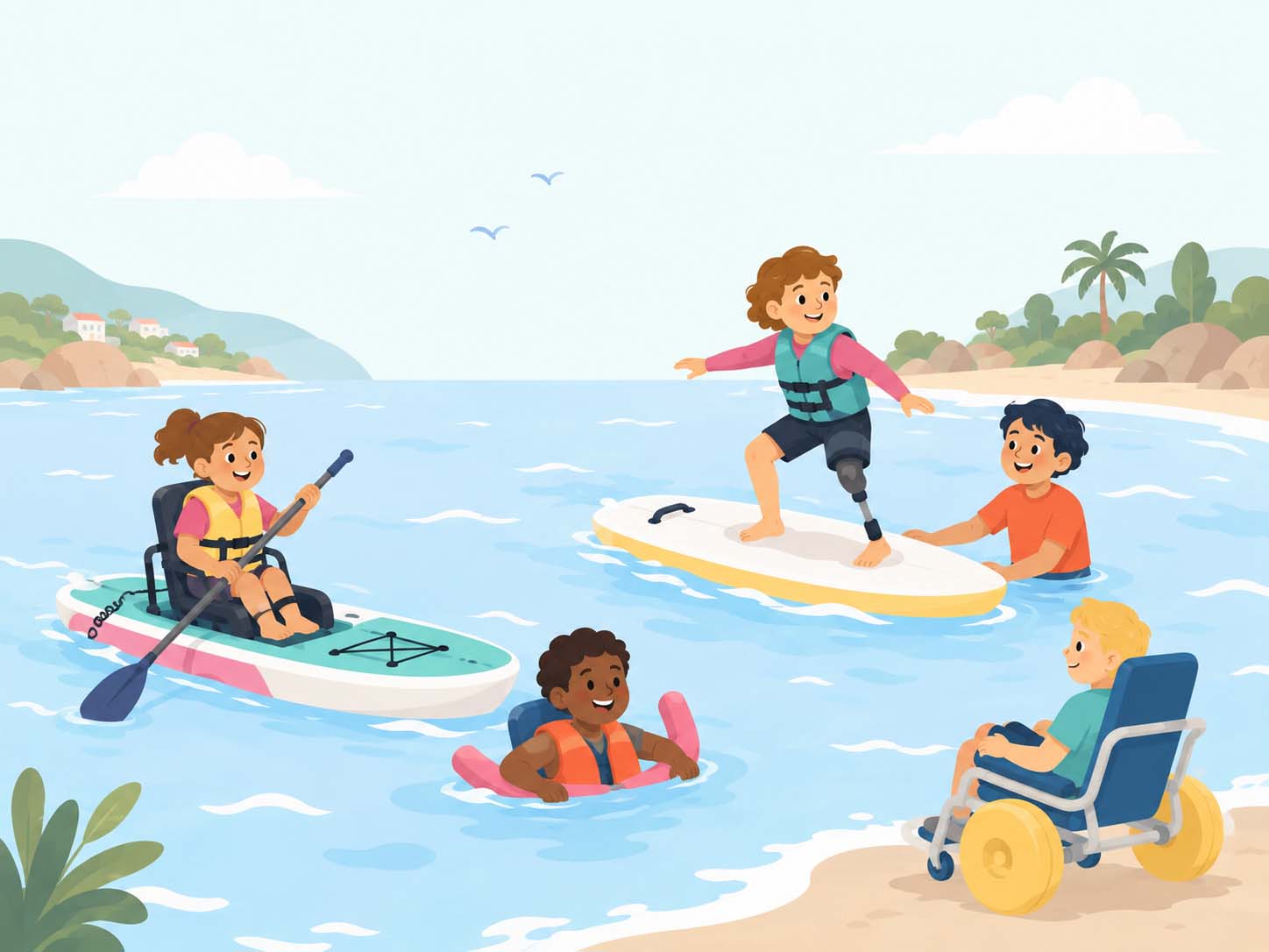 Ilustración infantil practicando surf adaptado en la playa